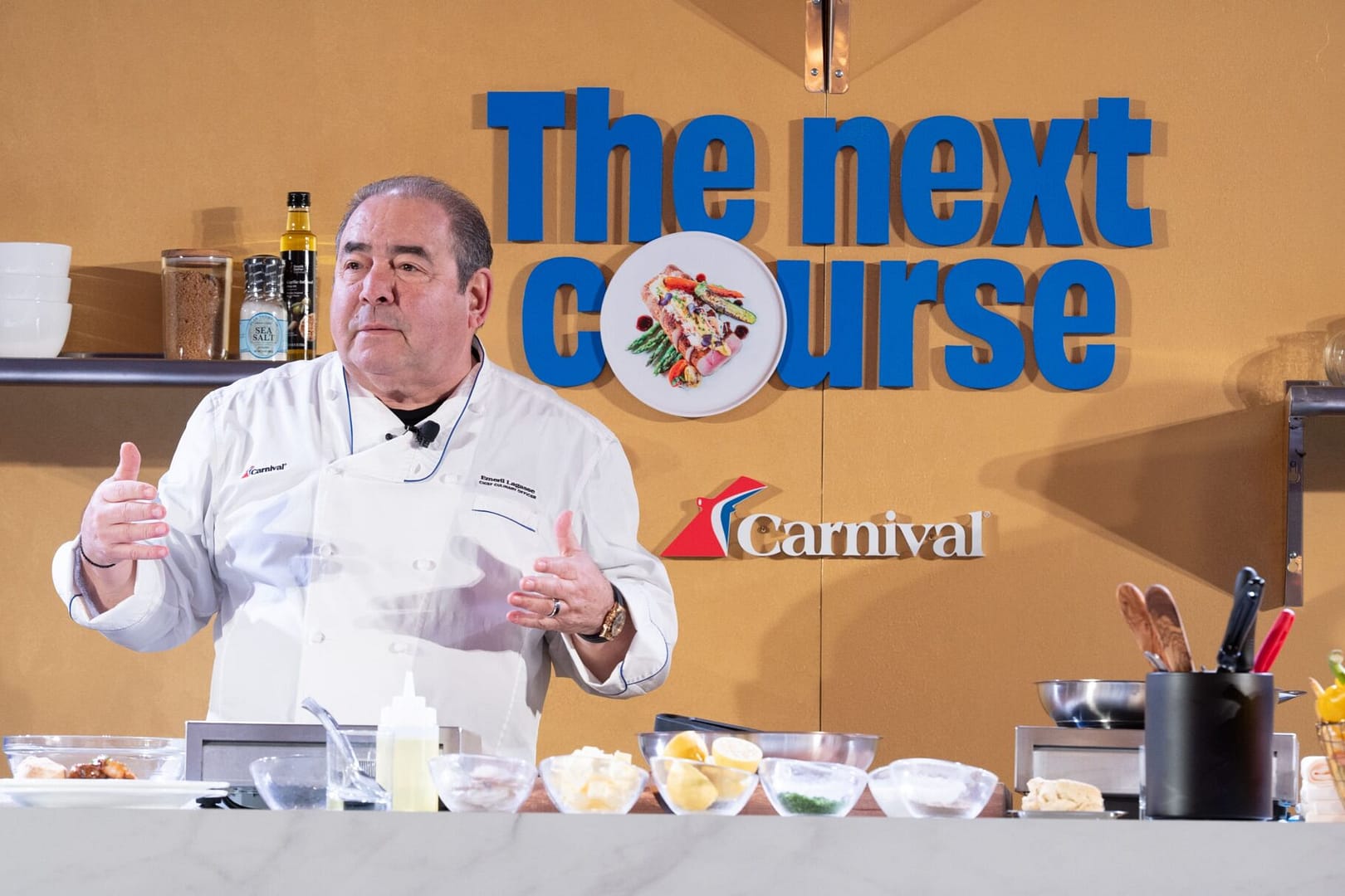 Chief Culinary Officer Emeril Lagasse puts on cooking demo showcasing one of Carnivals culinary creations