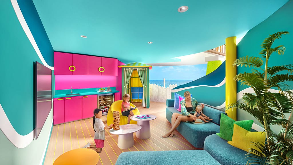 Three children play in an elaborate cruise stateroom as the mom watches.