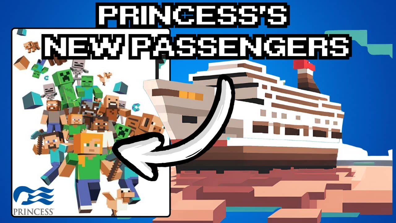 Graphic of a cruise ship set next to the MineCraft people artwork