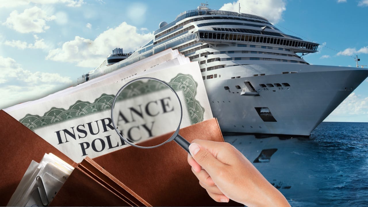 Cruise ship in background with a travel insurance policy in the foreground