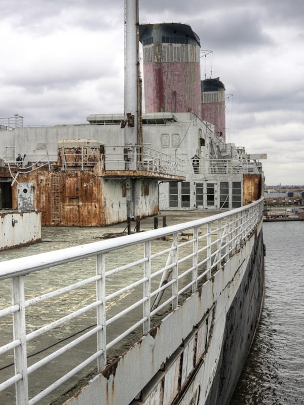 Exterior view of the SS United States with all of her fittings removed