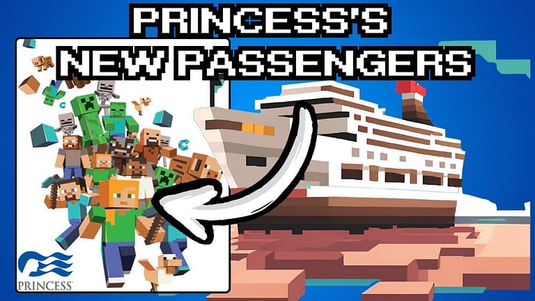 Graphic of a cruise ship set next to the MineCraft people artwork