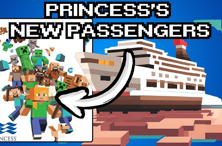 Graphic of a cruise ship set next to the MineCraft people artwork