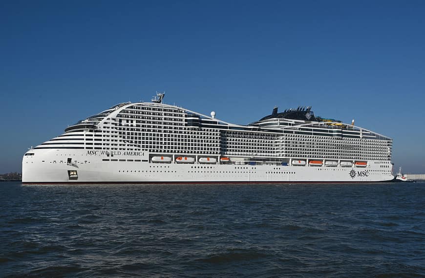 MSC World America cruise ship during sea trials in March 2025