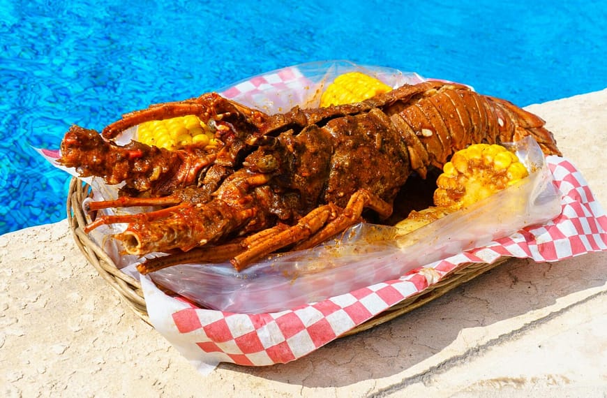 Sizzling grilled lobster with corn on the cob by a vibrant blue poolside, perfect summer delicacy.