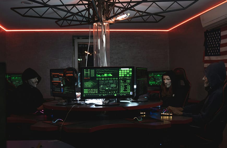 Team of hackers with Guy Fawkes masks coding in a dark room with computers.