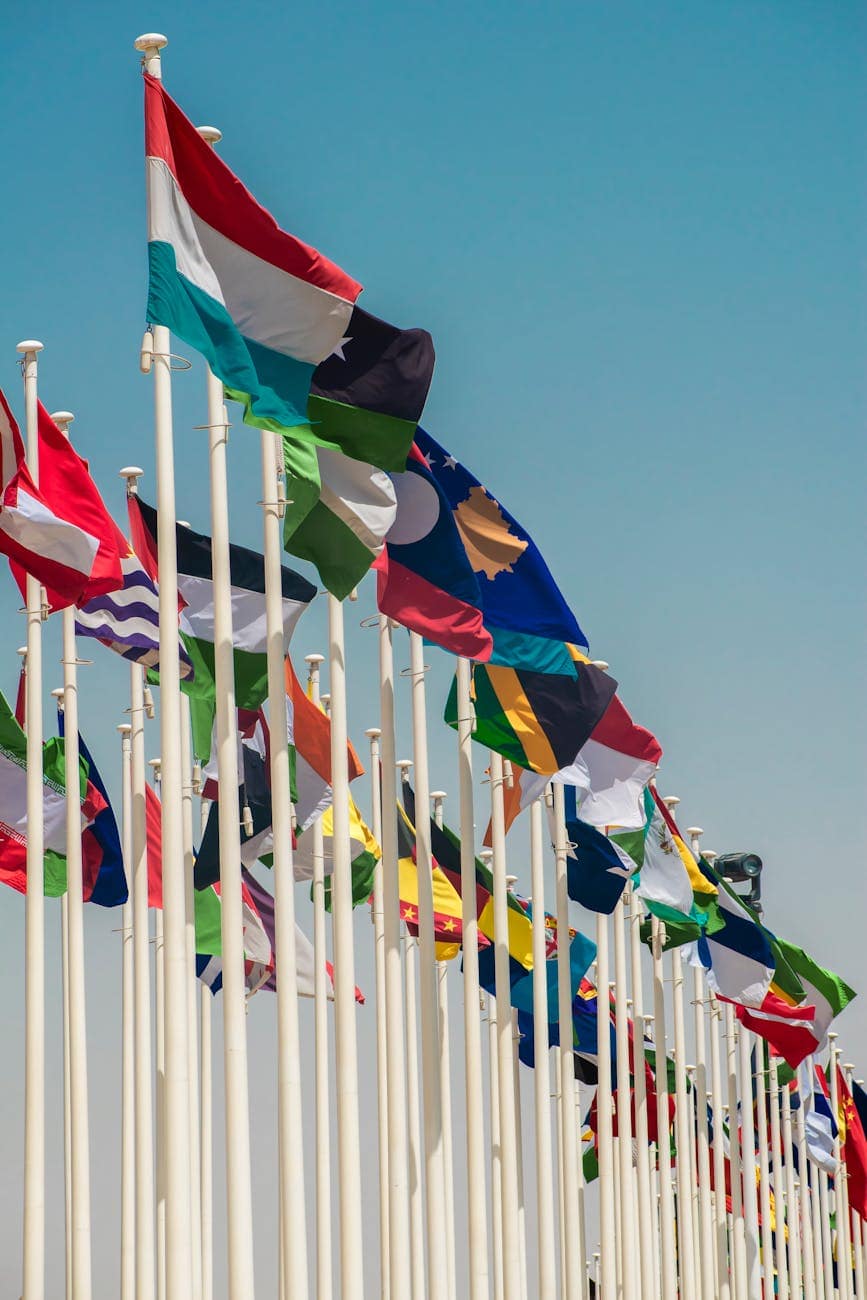 flags of different countries on white flagpoles